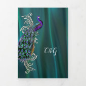 Aquamariner Satin-Look mit Peacock-Hochzeit Dreifach Gefaltete Einladung (Cover)