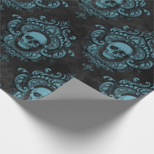 Aquamariner Schädel und dunkelgraue Gotik Geschenkpapier (Ecke)