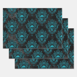 Aquamariner Schädel und dunkelgraue Gotik Geschenkpapier Set