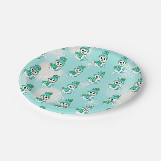 Aquamariner Schneemann und Schneeflocken Weihnacht Pappteller (Schrägansicht)