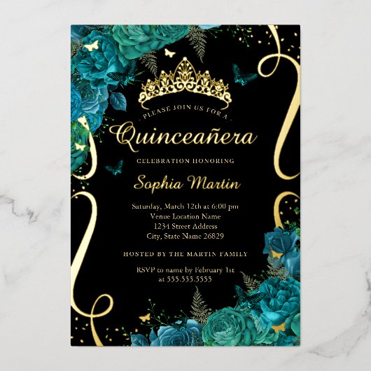 Aquamariner Schwarzer Blütenschmetterling Elegante Folieneinladung (Vorderseite)