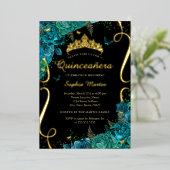 Aquamariner Schwarzer Blütenschmetterling Elegante Folieneinladung (Stehend vorne)