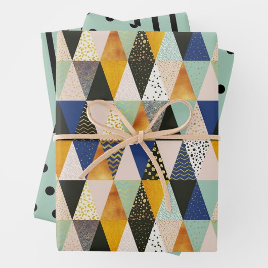 Aquamariner schwarzer goldgeometrischer Polkastrei Geschenkpapier Set (Beispiel)