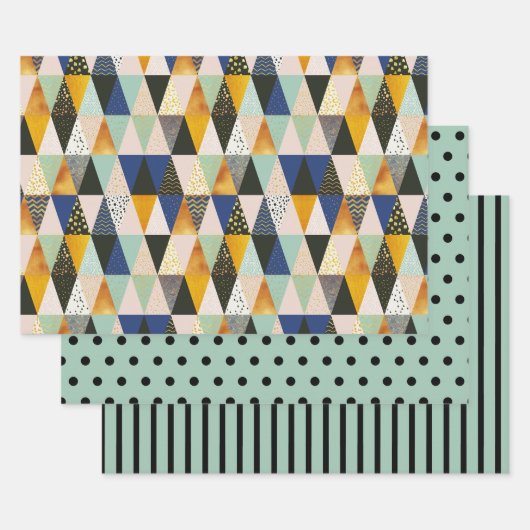 Aquamariner schwarzer goldgeometrischer Polkastrei Geschenkpapier Set (Set)