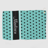 Aquamariner schwarzer Polka-Dot-Strip-Skriptname Golfhandtuch (Horizontal)