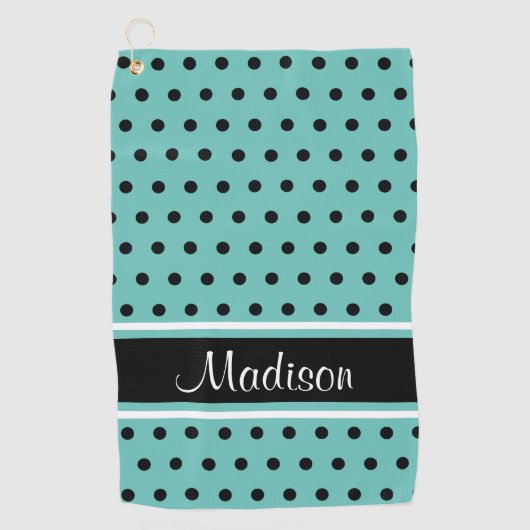 Aquamariner schwarzer Polka-Dot-Strip-Skriptname Golfhandtuch (Vorderseite)