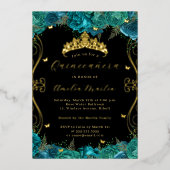 Aquamariner Schwarzer Scroll Quinceanera Folieneinladung (Vorderseite)