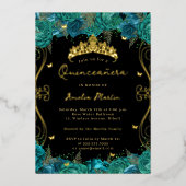 Aquamariner Schwarzer Swirl Scroll Floral Quincean Folieneinladung (Vorderseite)