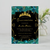 Aquamariner Schwarzer Swirl Scroll Floral Quincean Folieneinladung (Stehend vorne)