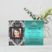 Aquamariner Silber Glitzer Damask Foto Sweet 16 Einladung (Stehend Vorderseite)