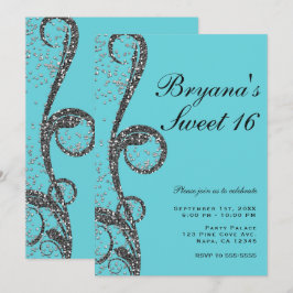 Aquamariner Silber Glitzer Swirl Sweet 16 Geburtst Einladung