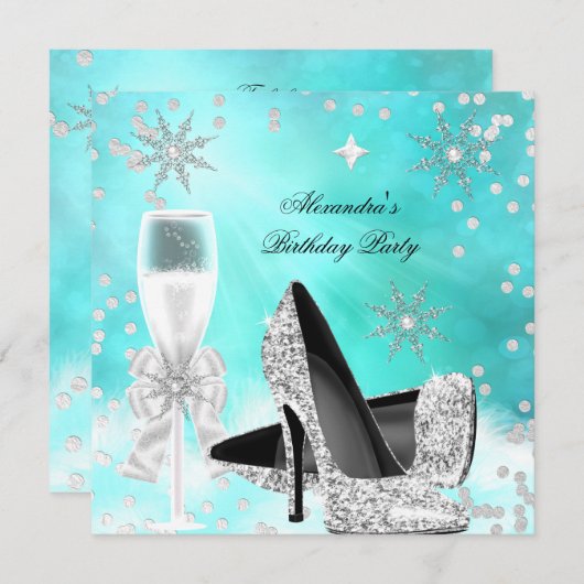 Aquamariner SilberChampagner High Heels Geburtstag Einladung (Vorne/Hinten)