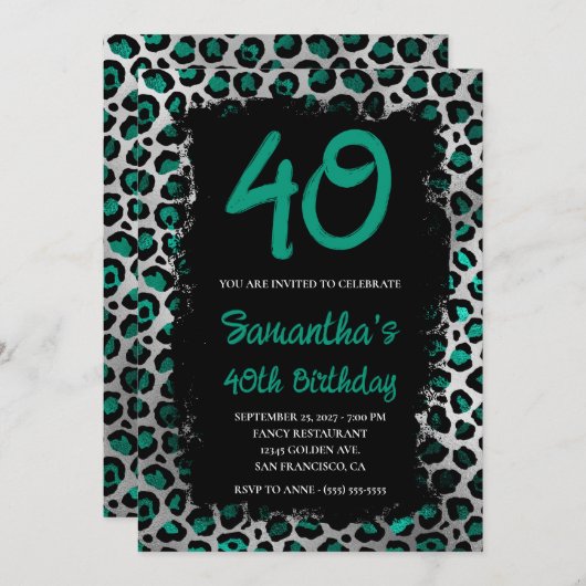 Aquamariner silberfarbener Leopard in Schwarz 40. Einladung (Vorne/Hinten)