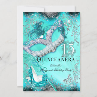Aquamariner Silbermasquerade Quinceanera Geburtsta Einladung