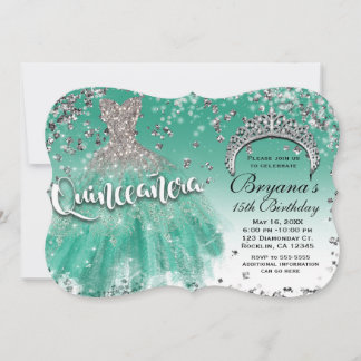 Aquamariner Silberner Glitzer Glamour Kleid Quince Einladung