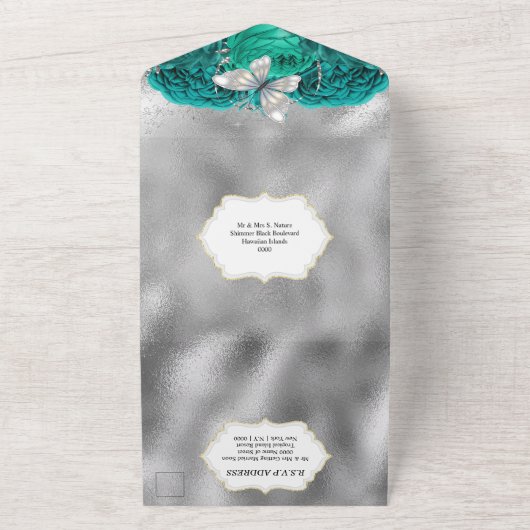 Aquamariner Silberschmetterling Glitzer Rose All In One Einladung (Außenbereich)