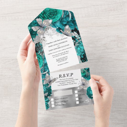 Aquamariner Silberschmetterling Glitzer Rose All In One Einladung (Abreißen)