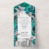 Aquamariner Silberschmetterling Glitzer Rose All In One Einladung (Innen Boden)