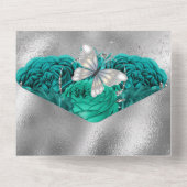 Aquamariner Silberschmetterling Glitzer Rose All In One Einladung (Rückseite)