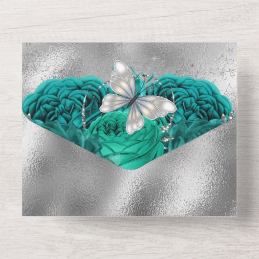 Aquamariner Silberschmetterling Glitzer Rose All In One Einladung (Rückseite)