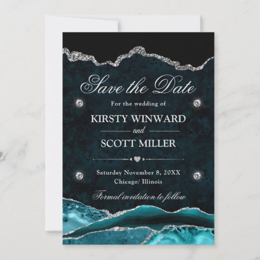 Aquamariner Silver Glitzer Marbour Agate Save the  Date (Vorderseite)