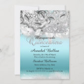 Aquamariner Silver Sparkle Masquerade Quinceanera  Einladung (Vorderseite)