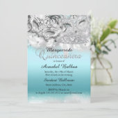 Aquamariner Silver Sparkle Masquerade Quinceanera  Einladung (Stehend Vorderseite)