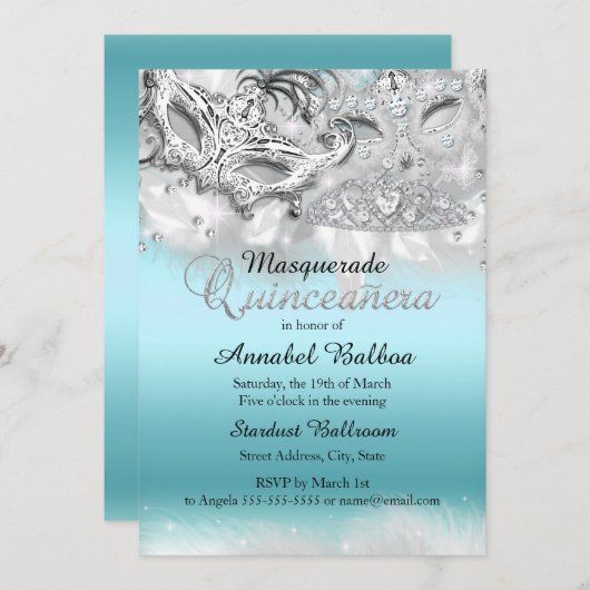 Aquamariner Silver Sparkle Masquerade Quinceanera  Einladung (Vorne/Hinten)