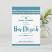 Aquamariner Silver Tallit Bar Mitzvah Bold modern Einladung (Stehend Vorderseite)