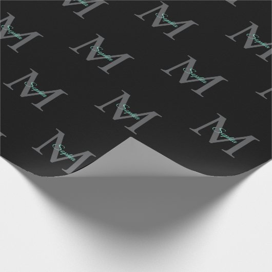 Aquamariner Skriptname, Groß-Grau-Monogramm auf Sc Geschenkpapier (Ecke)