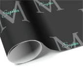 Aquamariner Skriptname, Groß-Grau-Monogramm auf Sc Geschenkpapier (Rolleneckpunkt)