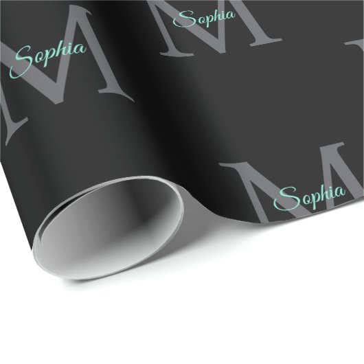 Aquamariner Skriptname, Groß-Grau-Monogramm auf Sc Geschenkpapier (Rolleneckpunkt)