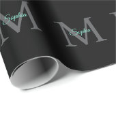 Aquamariner Skriptname Große graue Monogramm auf s Geschenkpapier (Rolleneckpunkt)