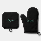 Aquamariner Skriptname oder Monogramm auf schwarz Ofenhandschuh & Topflappen-Set (Vorderseite)