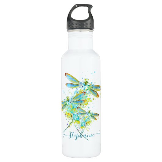 Aquamariner Spritzer der Libellen personalisiert Edelstahlflasche (Vorderseite)