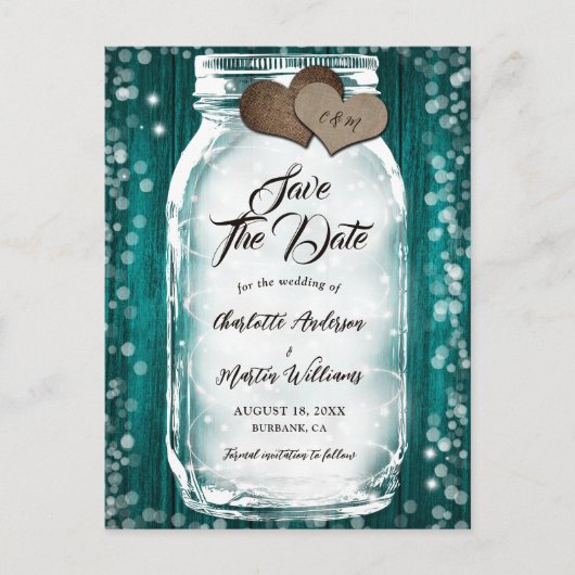 Aquamariner Stall Holz String Lights Mason Jar Wed Ankündigungspostkarte (Vorderseite)