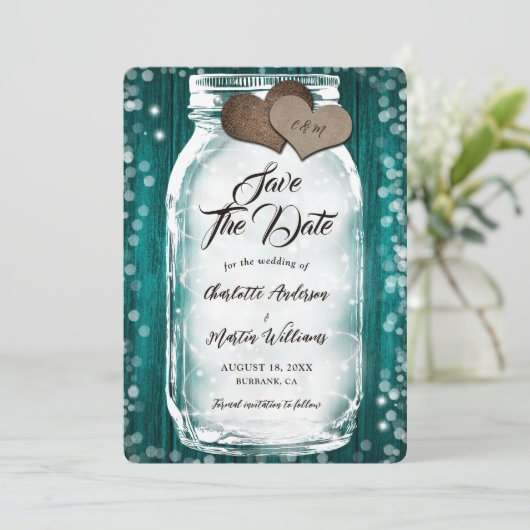 Aquamariner Stall Holz String Lights Mason Jar Wed Save The Date (Stehend Vorderseite)