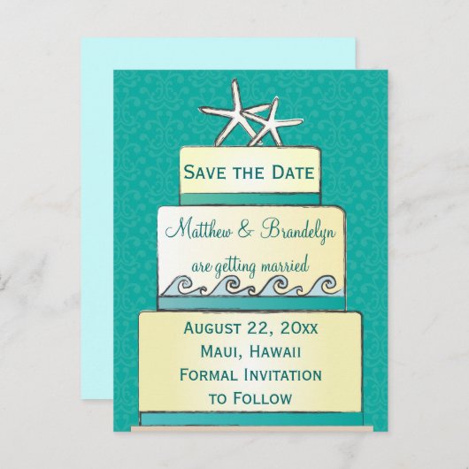 Aquamariner Starfish Hochzeitstorte Save the Date  Ankündigungspostkarte (Vorne/Hinten)