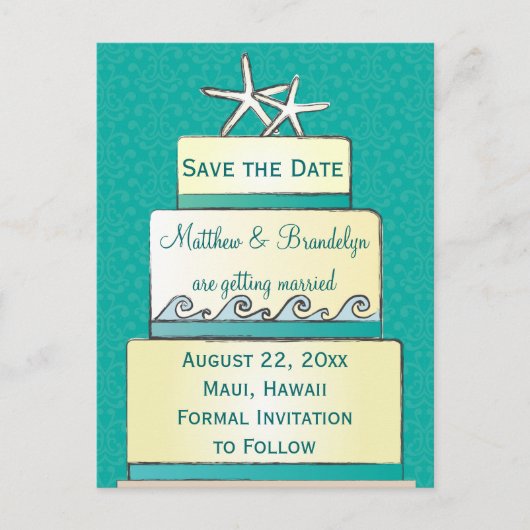 Aquamariner Starfish Hochzeitstorte Save the Date  Ankündigungspostkarte (Vorderseite)