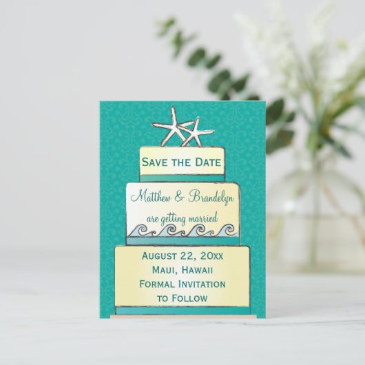 Aquamariner Starfish Hochzeitstorte Save the Date  Ankündigungspostkarte (Stehend Vorderseite)