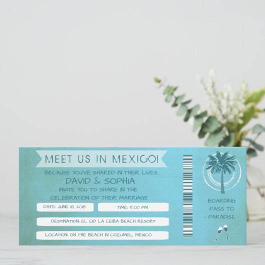 Aquamariner Strand Sie sehen in Mexiko Hochzeitspa Einladung (Stehend Vorderseite)