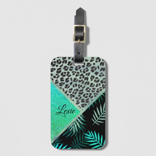 Aquamariner Tropenleopardendruck für Glitterie Gepäckanhänger (Vorderseite Vertikal)