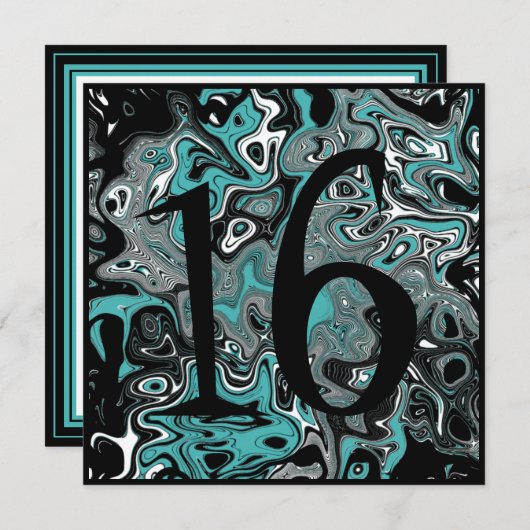 Aquamariner u. schwarzer Grunge-16. Geburtstag Einladung (Vorne/Hinten)