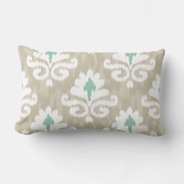 Aquamariner u. Taupe Ikat Türkis ethnischer Boho Lendenkissen (Vorderseite)