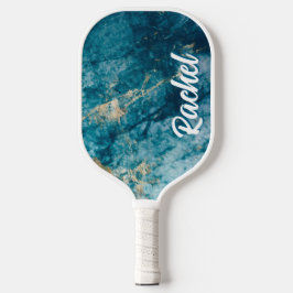Aquamariner und goldener Marmor mit Namen - Person Pickleball Schläger