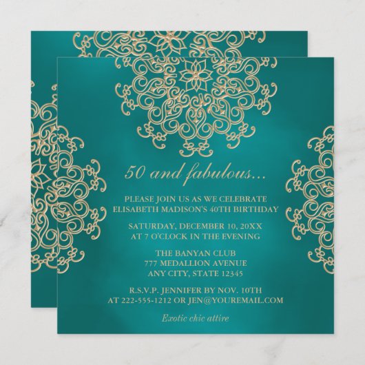 AQUAMARINER UND GOLDINDISCHER BIRTHTAG EINLADUNG (Vorne/Hinten)