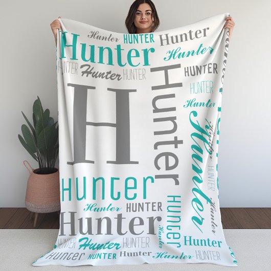 Aquamariner und grauer Name und Monogram Cloud Wor Fleecedecke