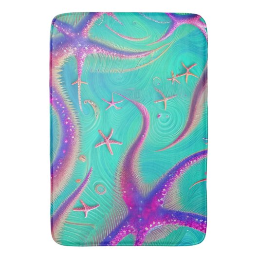 Aquamariner und Lila Starfish Beachy Badematte (Vorderseite Vertikal)