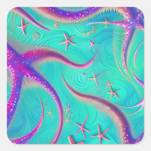 Aquamariner und Lila Starfish Beachy Quadratischer Aufkleber (Vorderseite)