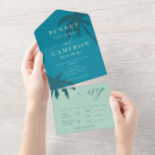 Aquamariner und minter grüner Palmen Strand Hochze All In One Einladung (Abreißen)